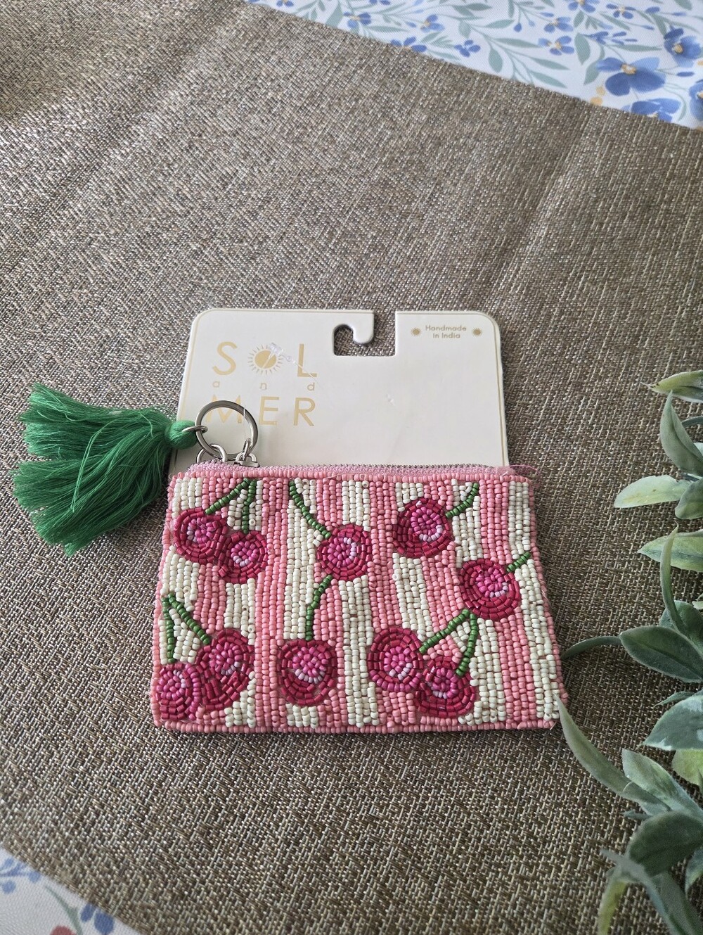 Beaded Cherry Coin Pouch with Green Tassel